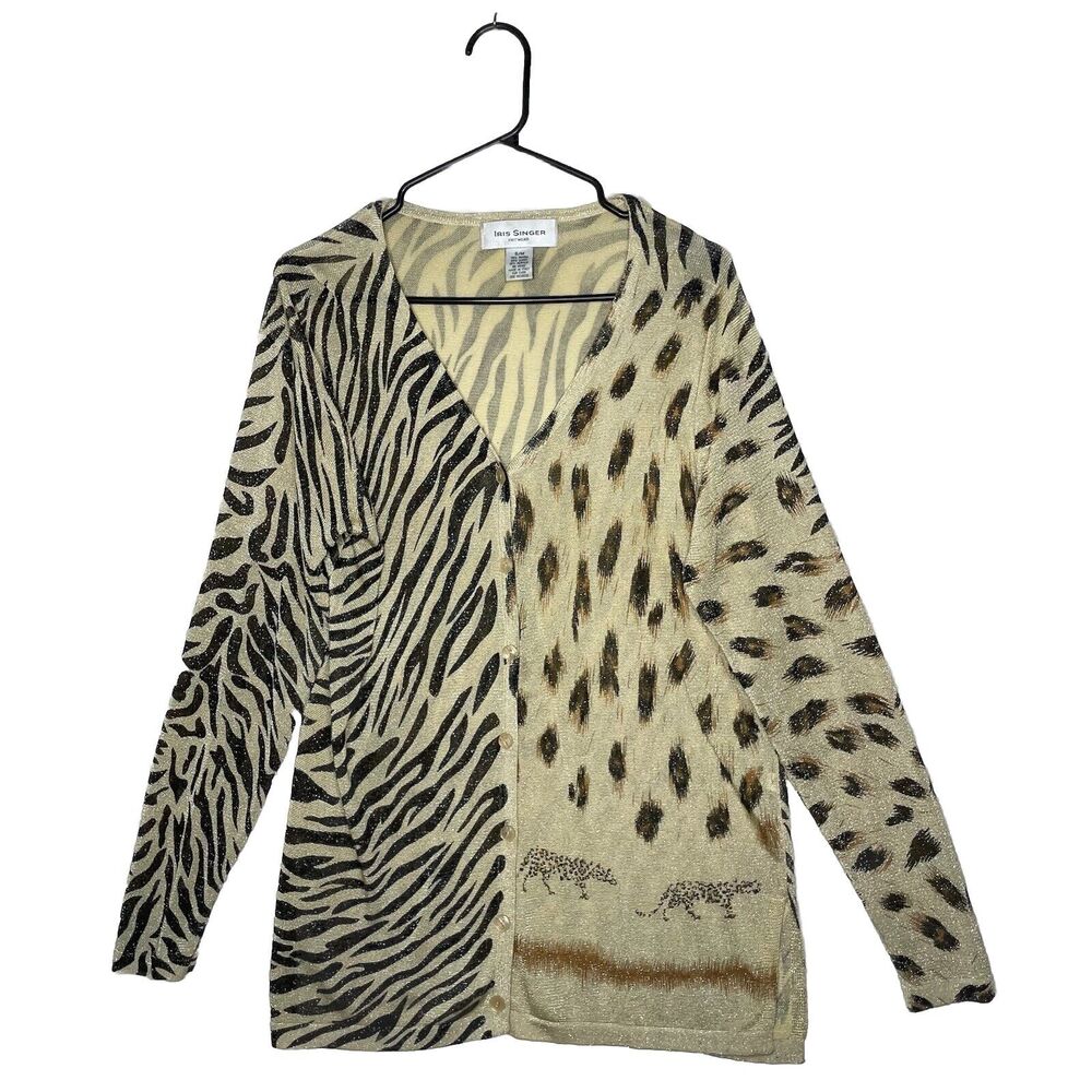 Y2K Iris Singer Cardigan M Patchwork Animal Print Leopard Glitter Mob Wife‎ Glam